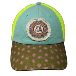 Natural Life Trucker Hat Blue Yellow One Size Live Happy Patch Floral Brim